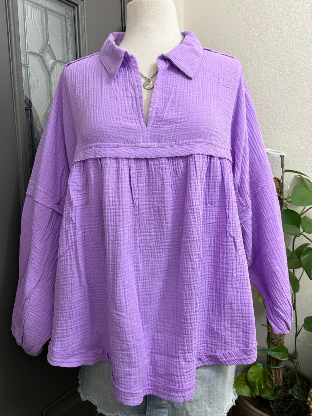 ZENANA Lilac Gauze Relaxed Fit Babydoll 100% Cotton Top - L/XL - Picture 2 of 10